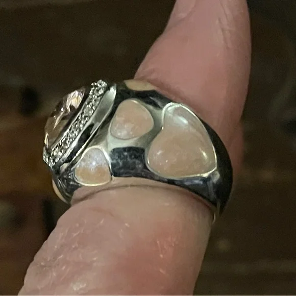 Sterling Silver Ring with Pink Enamel Hearts and Faceted Pink Heart Stones Sz 5 - Picture 6 of 10